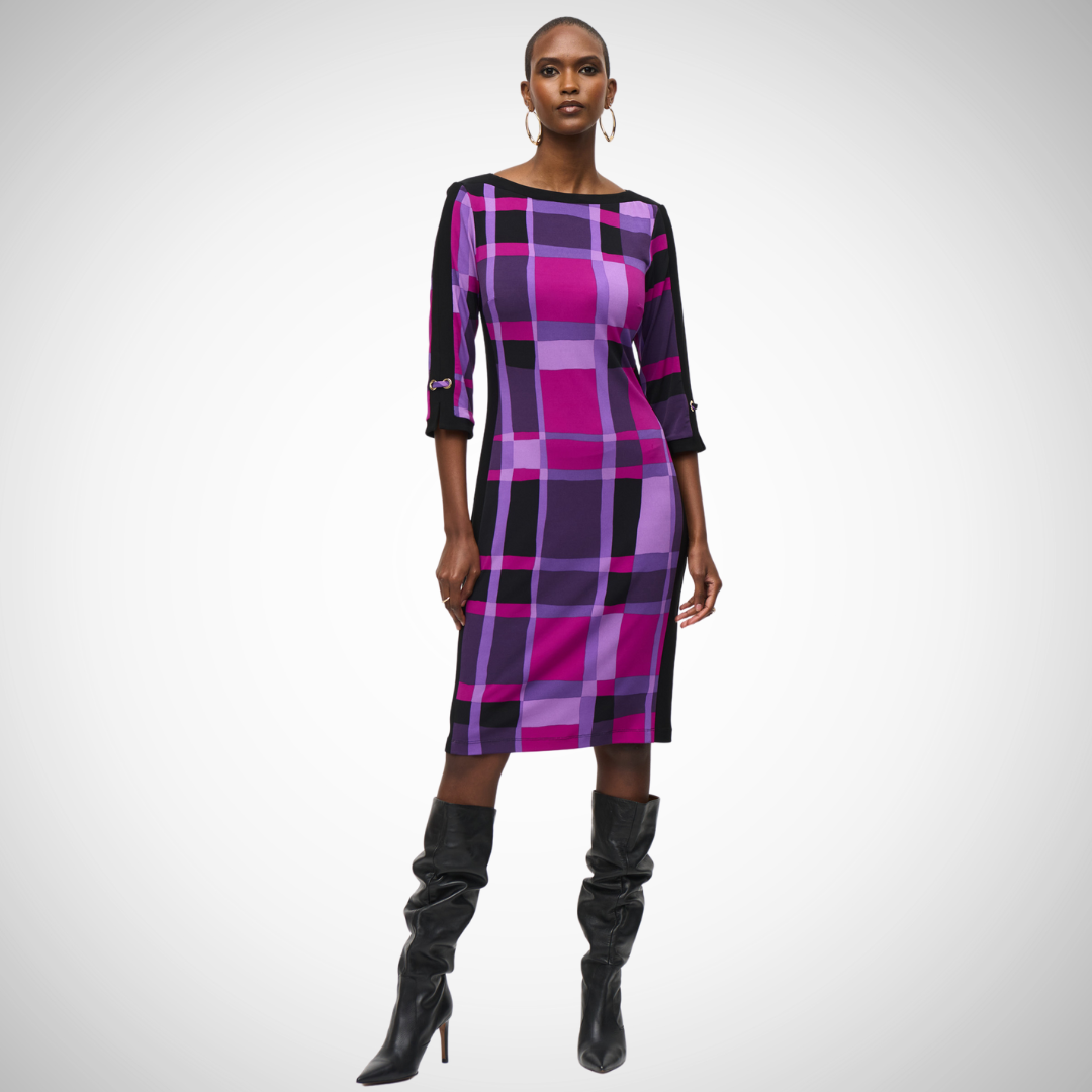 Joseph Ribkoff Geometric Dress Shades of purple, pink, and black Cocktail length, midi pencil skirt Slimming black side panels Elegant grommet details Comfortable blend: 95% polyester, 5% spandex Back zipper for easy wear Perfect for stylish transformations