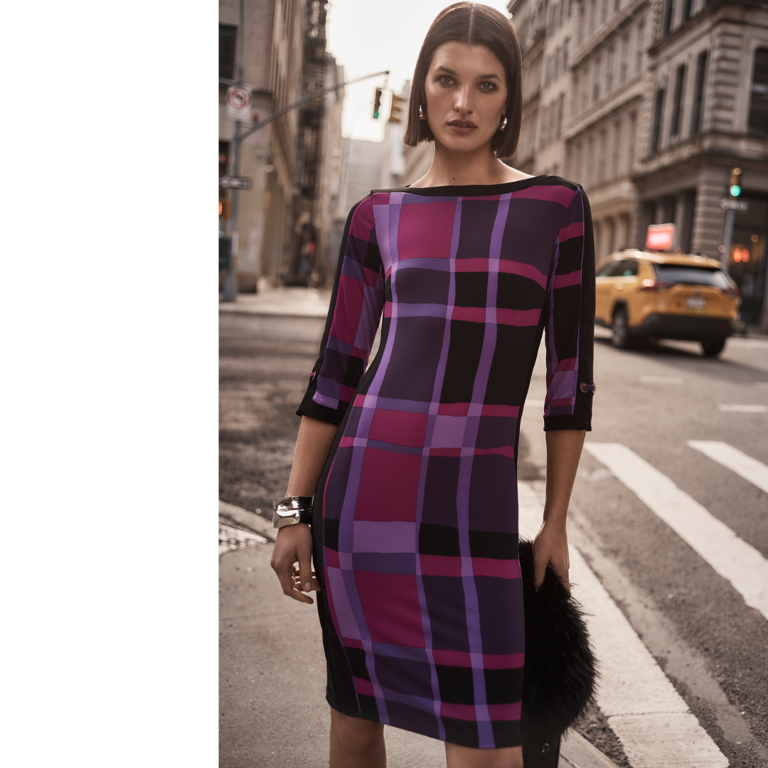 Joseph Ribkoff Geometric Dress Shades of purple, pink, and black Cocktail length, midi pencil skirt Slimming black side panels Elegant grommet details Comfortable blend: 95% polyester, 5% spandex Back zipper for easy wear Perfect for stylish transformations