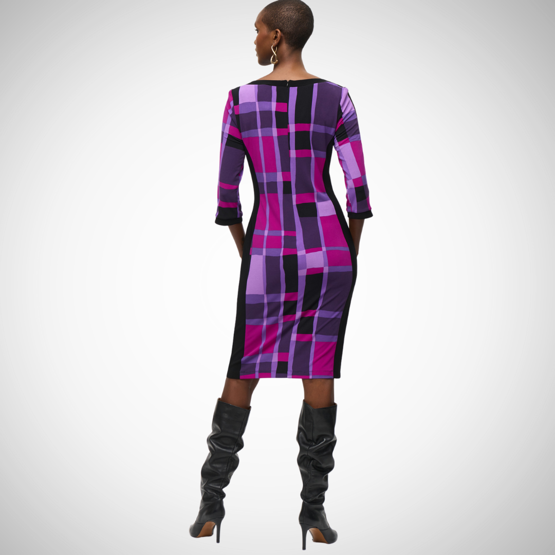 Joseph Ribkoff Geometric Dress Shades of purple, pink, and black Cocktail length, midi pencil skirt Slimming black side panels Elegant grommet details Comfortable blend: 95% polyester, 5% spandex Back zipper for easy wear Perfect for stylish transformations