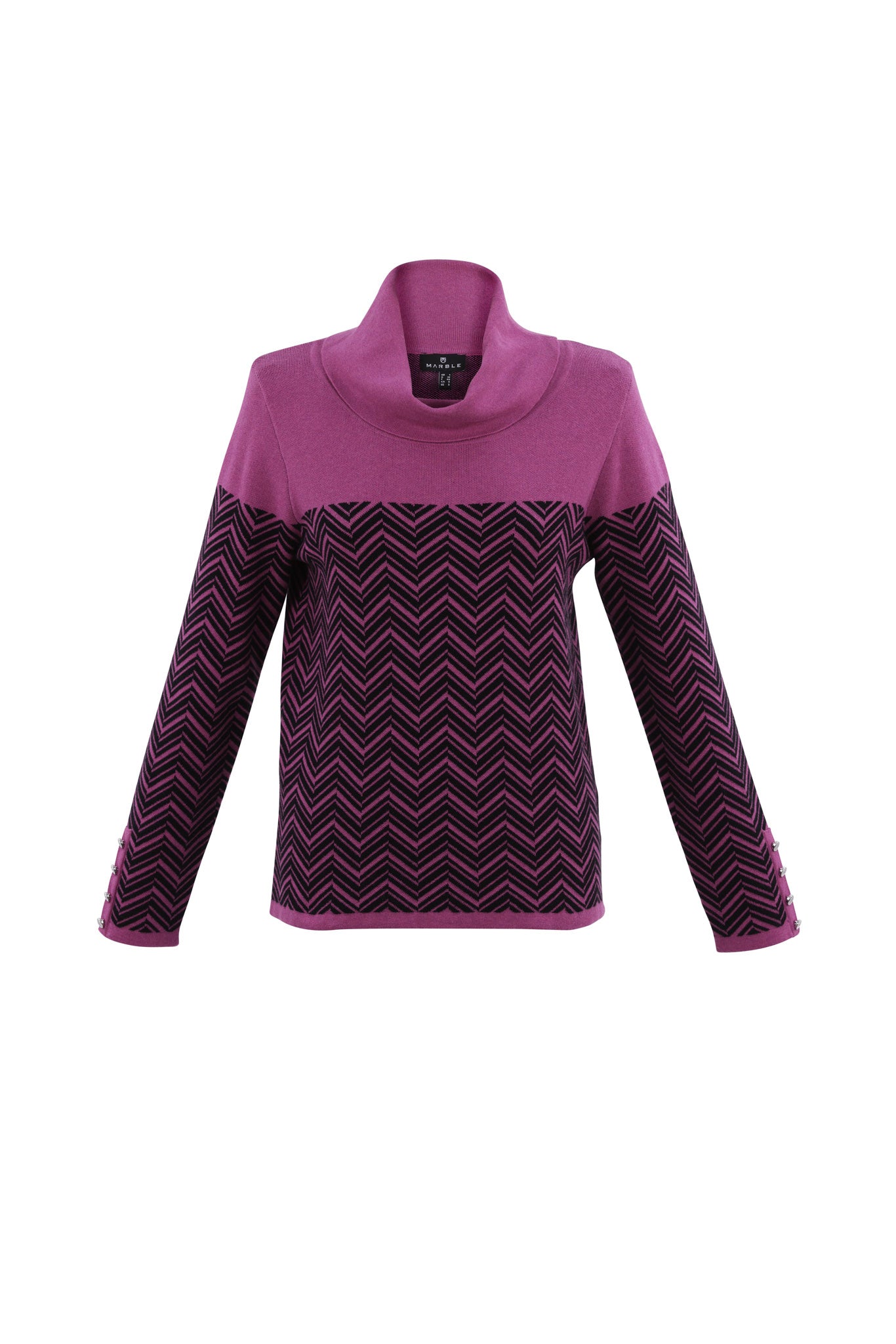 Jaboli Boutique - Fergus Ontario-Marble Chevron Sweater Style Number 7560 Colour Orchid (berry pink & Black)
Cotton-rich Chevron Print Sweater
Available in Black/White and Orchid/Black
68% cotton, 32% polyamide for a super soft, durable feel
Relaxed cowl neck for comfort
Classic fit offers a flattering silhouette
Bold two-color chevron knit pattern on body and sleeves
Solid color neck and shoulder panels for contrast
Versatile and chic addition to any wardrobe