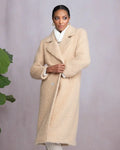 Jaboli Boutique | Fergus Ontario | Alison Sheri | Bouclé Coat| Alison Sheri bouclé coat in camel  with tuxedo collar, double-breasted closure, pockets, and mid-calf length.