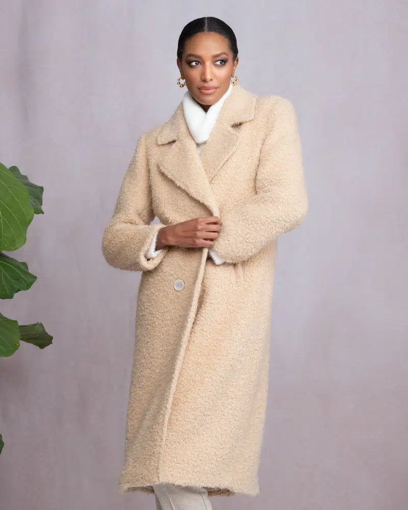 Jaboli Boutique | Fergus Ontario | Alison Sheri | Bouclé Coat| Alison Sheri bouclé coat in camel  with tuxedo collar, double-breasted closure, pockets, and mid-calf length.