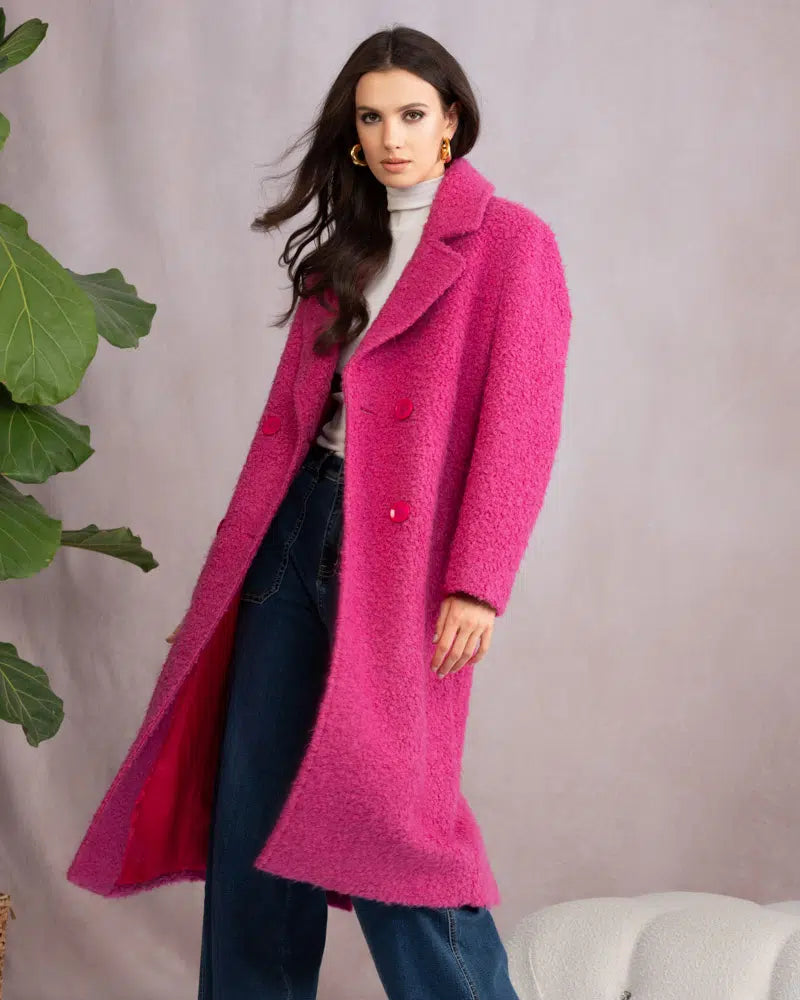 Jaboli Boutique | Fergus Ontario | Alison Sheri | Bouclé Coat| Alison Sheri bouclé coat in raspberry with tuxedo collar, double-breasted closure, pockets, and mid-calf length.