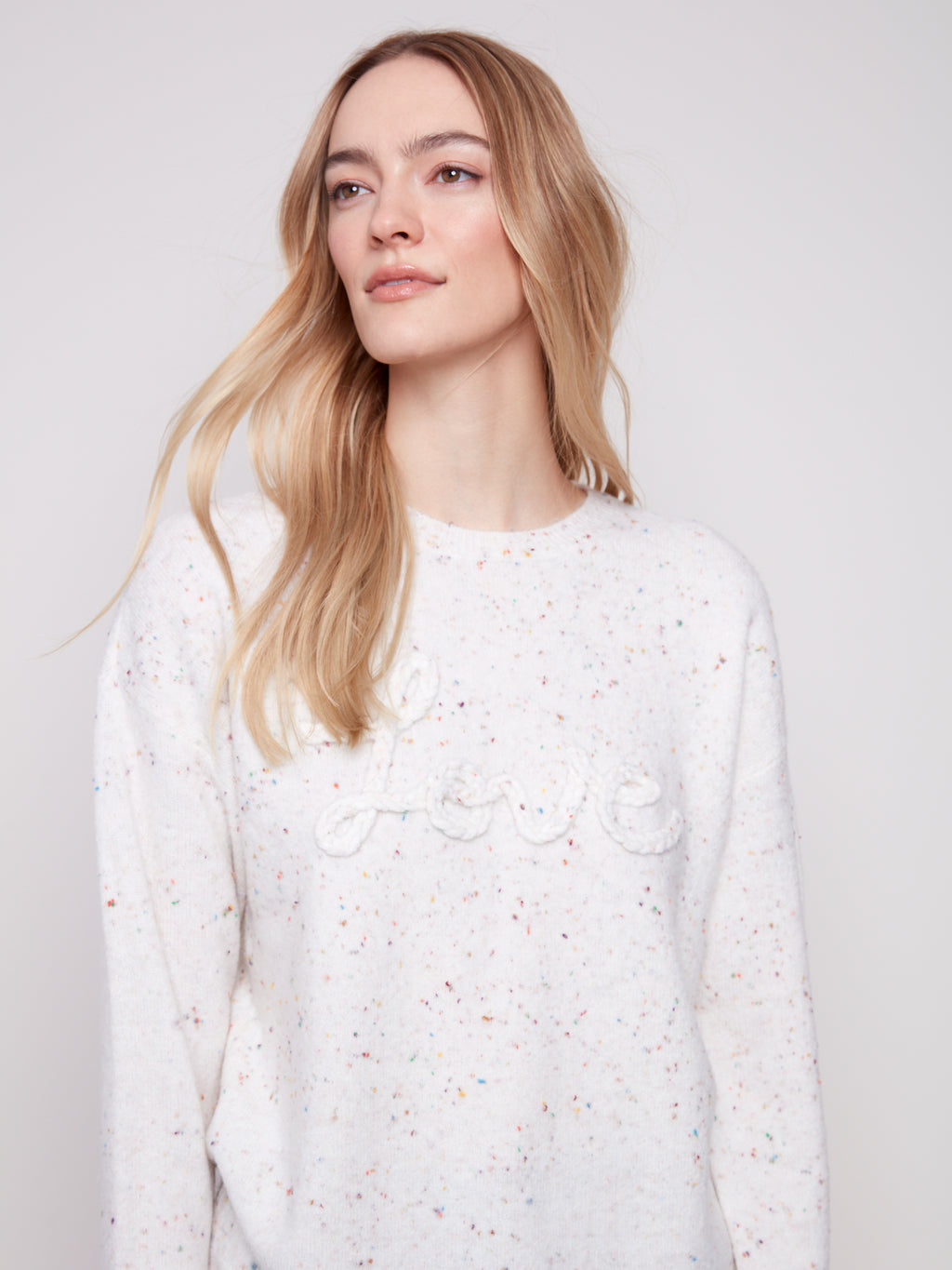 Jaboli Boutique | Fergus Ontario |Charlie B | Crew "Love" Sweater

Crew Neck

Colour - Ecru with Confetti Dot Accent

Braided "Love" applique

Long Sleeves

47% Polyester,45% Acrylic, 5% wool, 3% Spandex