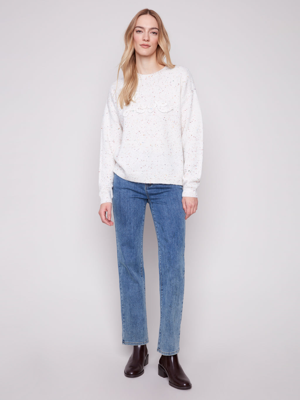 Jaboli Boutique | Fergus Ontario |Charlie B | Crew "Love" Sweater

Crew Neck

Colour - Ecru with Confetti Dot Accent

Braided "Love" applique

Long Sleeves

47% Polyester,45% Acrylic, 5% wool, 3% Spandex