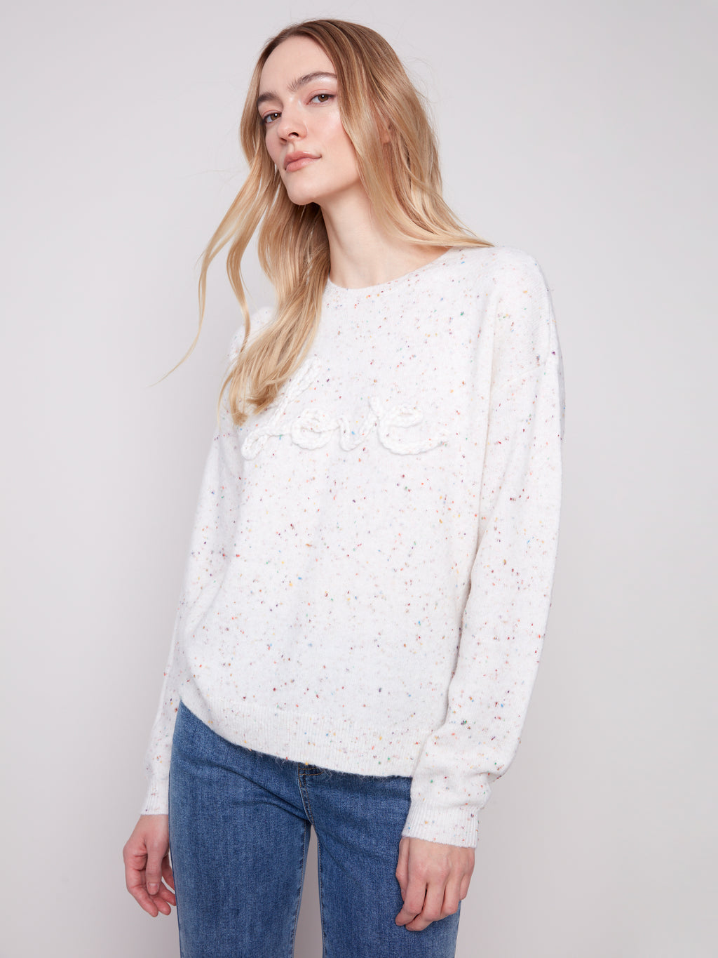 Jaboli Boutique | Fergus Ontario |Charlie B | Crew "Love" Sweater

Crew Neck

Colour - Ecru with Confetti Dot Accent

Braided "Love" applique

Long Sleeves

47% Polyester,45% Acrylic, 5% wool, 3% Spandex