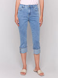 Jaboli Boutique| Fergus Ontario | Charlie B | Cropped Twill Jeans with Snap Button Cuff Detail -pale denim blue
Charlie B | Snap Cuff Pant

Cropped length with roll-up cuff design

Polished snap button detail at the hem

Slim fit for a tailored silhouette

Classic five-pocket styling

Available in Light Denim and White

Regular rise waist for everyday ease