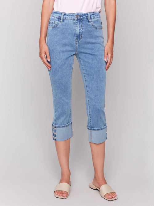Jaboli Boutique| Fergus Ontario | Charlie B | Cropped Twill Jeans with Snap Button Cuff Detail -pale denim blue
Charlie B | Snap Cuff Pant

Cropped length with roll-up cuff design

Polished snap button detail at the hem

Slim fit for a tailored silhouette

Classic five-pocket styling

Available in Light Denim and White

Regular rise waist for everyday ease