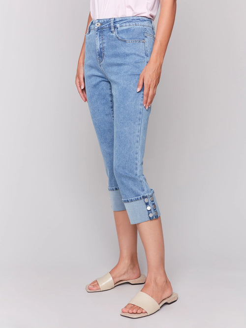 Jaboli Boutique| Fergus Ontario | Charlie B | Cropped Twill Jeans with Snap Button Cuff Detail -pale denim blue
Charlie B | Snap Cuff Pant

Cropped length with roll-up cuff design

Polished snap button detail at the hem

Slim fit for a tailored silhouette

Classic five-pocket styling

Available in Light Denim and White

Regular rise waist for everyday ease