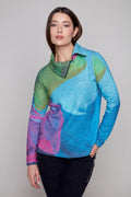 Jaboli Boutique| Fergus Ontario|Claire Desjardins| Multi colour  knit top. Style # 92394 a multi-hued abstract print, featuring a zip-split collar detail and long sleeves.
soft, lightweight knit fabric with artistic abstract print by Claire Desjardins.
 relaxed fit.