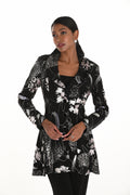 Jaboli Boutique | Fergus Ontario| Frank Lyman | Black Silver Jacket| Frank Lyman black and silver jacket with collar and bendable wire edge, button front closure, fitted silhouette with hip flare, structured knit blend