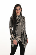 Jaboli Boutique| Fergus Ontario|Frank Lyman | Crazy Circles Tunic|253106
Frank Lyman black and beige tunic with circular print, funnel neckline, zip back, fit-and-flare silhouette, and asymmetrical hemline