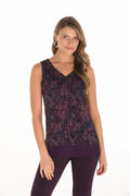 Jaboli_Boutique_Fergus_Ontario_Frank_Lyman_Plum_Pink_Top_253410
Frank Lyman sleeveless layered top with front pleat for movement, featuring a deep plum, pink, and teal dot print.