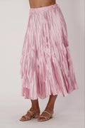 Jaboli Boutique Fergus Ontario Gabby Isabella-Pink Satin Crinkle Skirt-A pink satin crinkle midi skirt with a pull-on design, featuring a luxurious texture and a flattering, timeless A-line silhouette.








