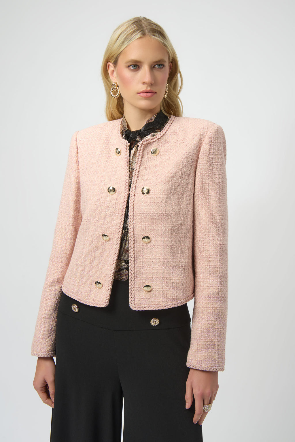 Jaboli Boutique | Fergus Ontario | Joseph Ribkoff | Bouclé Collarless Jacket with Buttons|Joseph Ribkoff blush pink bouclé collarless jacket with braided trim, decorative buttons, hook-and-eye closure, and long sleeves.