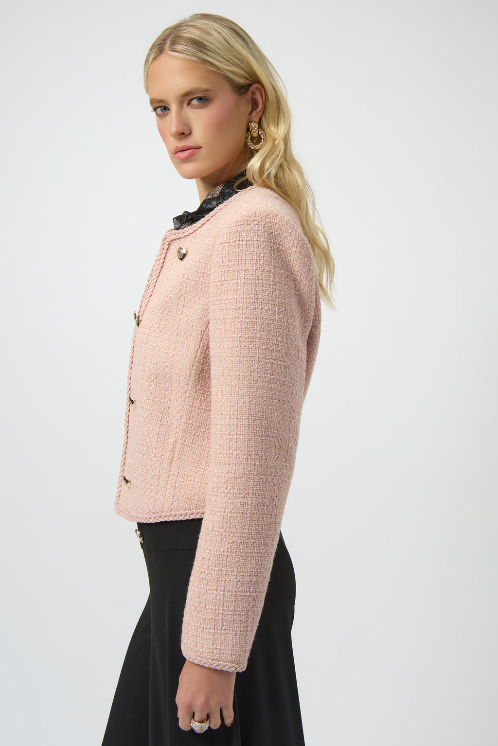 Jaboli Boutique | Fergus Ontario | Joseph Ribkoff | Bouclé Collarless Jacket with Buttons|Joseph Ribkoff blush pink bouclé collarless jacket with braided trim, decorative buttons, hook-and-eye closure, and long sleeves.