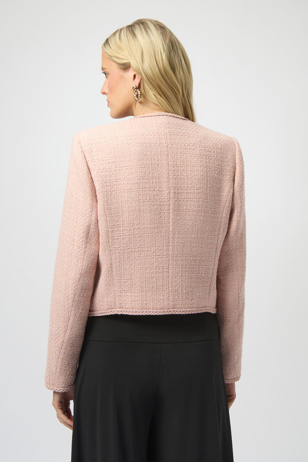 Jaboli Boutique | Fergus Ontario | Joseph Ribkoff | Bouclé Collarless Jacket with Buttons|Joseph Ribkoff blush pink bouclé collarless jacket with braided trim, decorative buttons, hook-and-eye closure, and long sleeves.