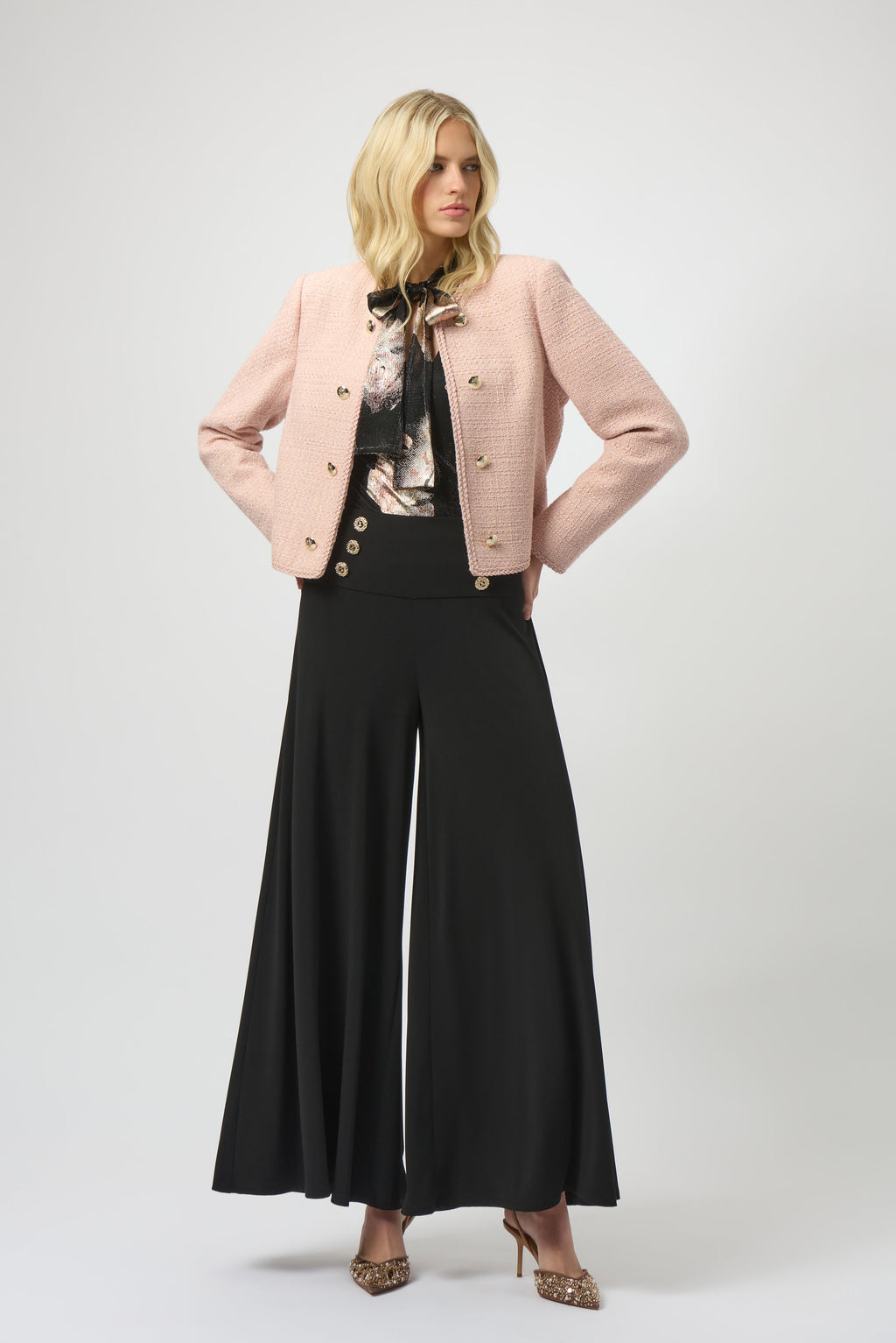 Jaboli Boutique | Fergus Ontario | Joseph Ribkoff | Bouclé Collarless Jacket with Buttons|Joseph Ribkoff blush pink bouclé collarless jacket with braided trim, decorative buttons, hook-and-eye closure, and long sleeves.