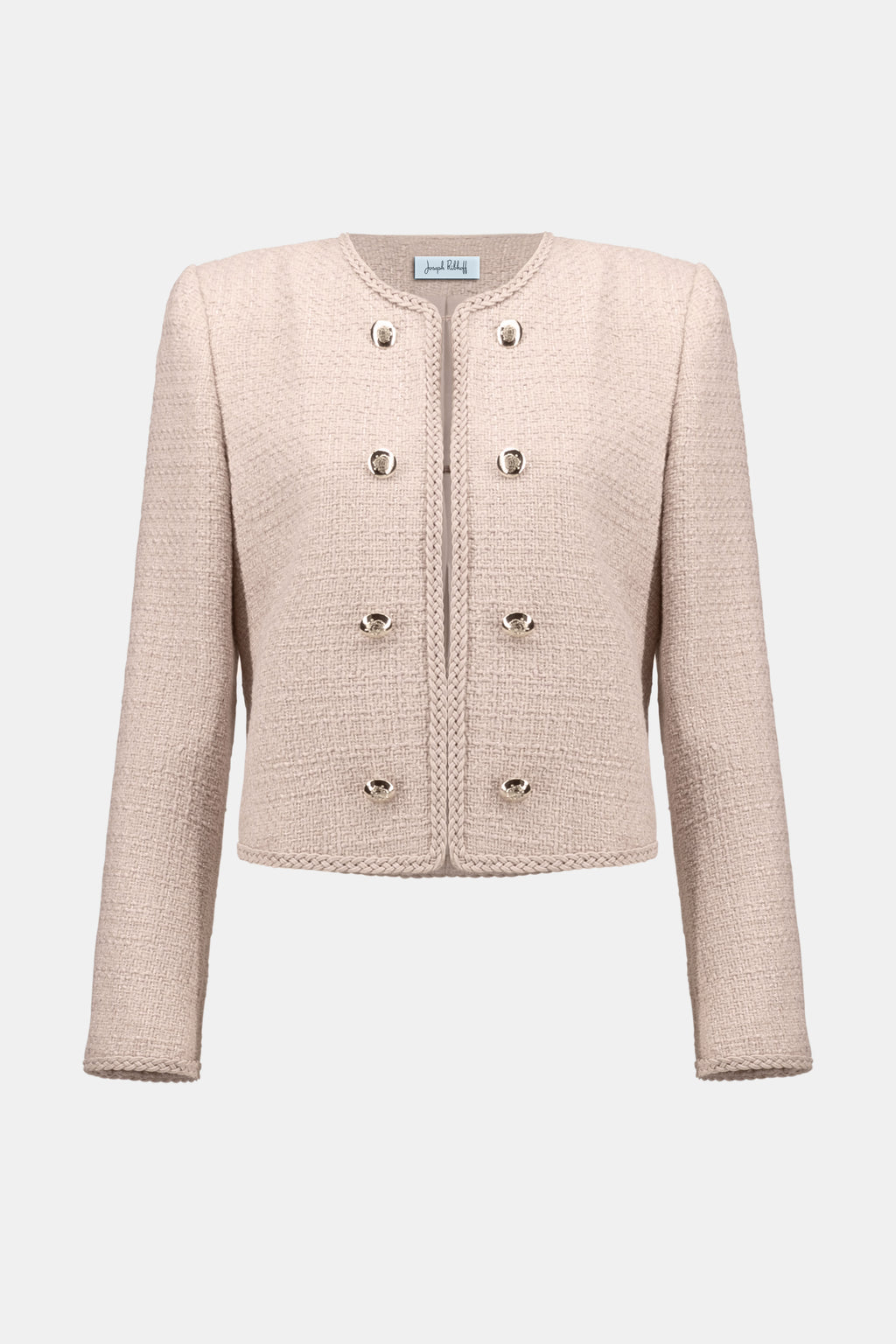 Jaboli Boutique | Fergus Ontario | Joseph Ribkoff | Bouclé Collarless Jacket with Buttons|Joseph Ribkoff blush pink bouclé collarless jacket with braided trim, decorative buttons, hook-and-eye closure, and long sleeves.