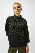 Jaboli Boutique Fergus Ontario Joseph Ribkoff Jacquard Animal Print Sweater 253912-3943Jacquard animal print sweater in black and avocado with a cozy mock neck, mini black rhinestones on the front, three-quarter straight 3/4 length sleeves, and a relaxed fit.

