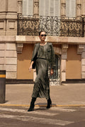 Jaboli Boutique|Fergus Ontario|Joseph Ribkoff | Pleated Satin Long Flared Skirt |  colour Avocado Green. Luxurious textured satin with a soft, elegant sheen

Flat-front pull-on design with a covered elastic waistband for tailored comfort

Invisible zipper closure for a seamless look

A-line flared silhouette that drapes effortlessly

Striking Avocado green tone for a fresh, modern edge

Designed to pair perfectly with Joseph Ribkoff’s coordinating Satin Top (Style 253002)

100% Polyester satin 