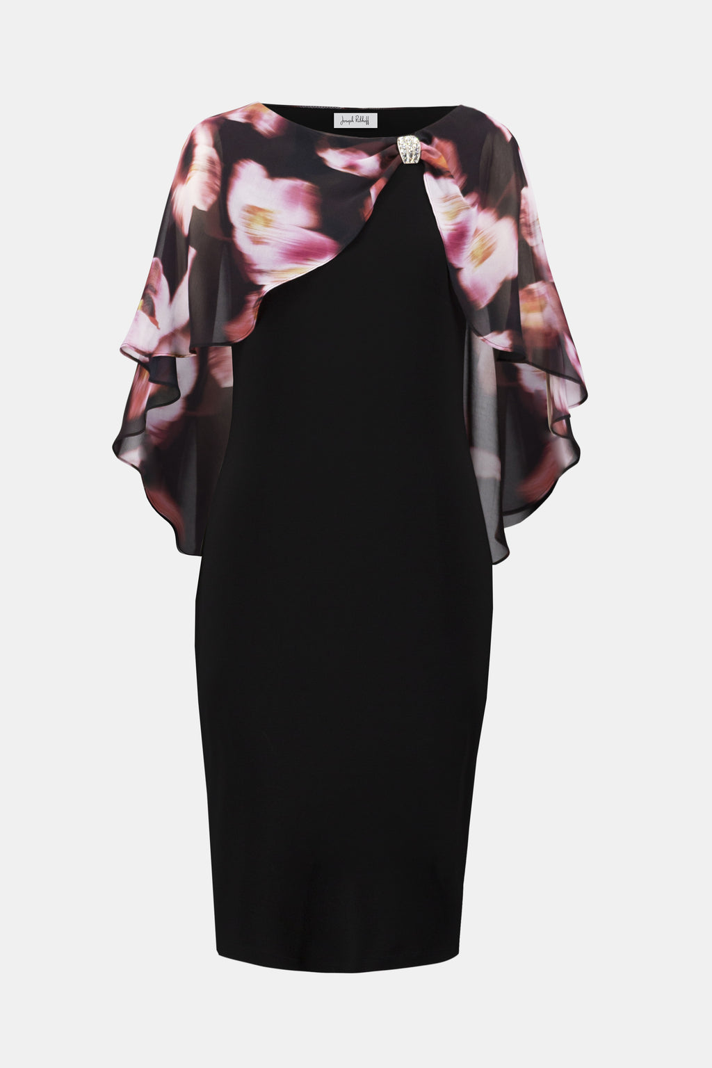 Jaboli Boutique| Fergus Ontario|Joseph Ribkoff | Recycled Floral Chiffon & Silky Knit Layered Dress. Joseph Ribkoff black silky knit sheath dress with recycled chiffon floral cape overlay, rhinestone boat neckline, and cocktail-length silhouette.