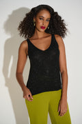 Jaboli Boutique | Fergus Ontario | Joseph Ribkoff  | black sleeveless beaded camisole| 252915F25-11-1 
with deep V-neckline, styled for business chic, evening events, and modern glamour.

