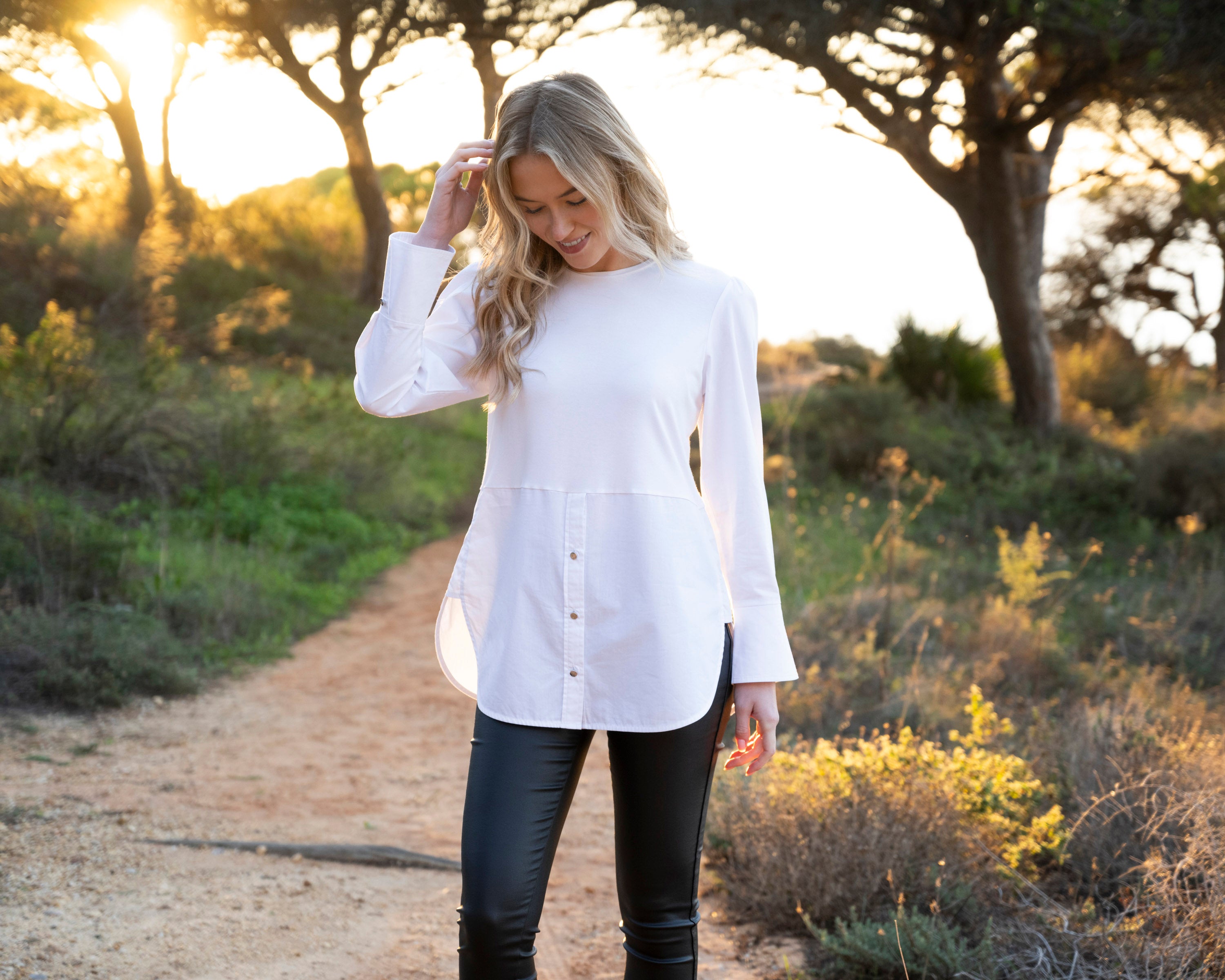 Jaboli Boutique | Fergus Ontario | Marble | Not-so-Classic White Shirt.  Crew Neck  Colour White  Jersey Bodice, Cotton Sleeves and Shirt Tails  French Cuff  Great for Pairing with Shorter Body Pullovers/Vests to add that extra Length and style.