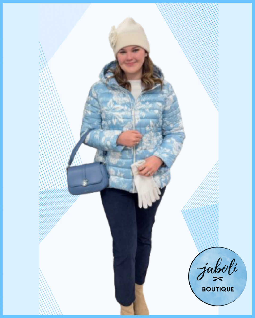 Jaboli Boutique|Fergus Ontario|Point Zero| Blue\White Floral Print-Ultralight Winter Coat. The ultralight construction ensures easy wearability and portability, while the floral pattern adds a trendy, feminine touch to your look. Zipper Front. Zip front pockets. Hip length. Lightweight and ultra-comfortable quilted design

Stylish blue/white floral print for a chic aesthetic

Provides warmth without added bulk

Hooded for extra weather protection

Perfect for both casual and trendy outfits

