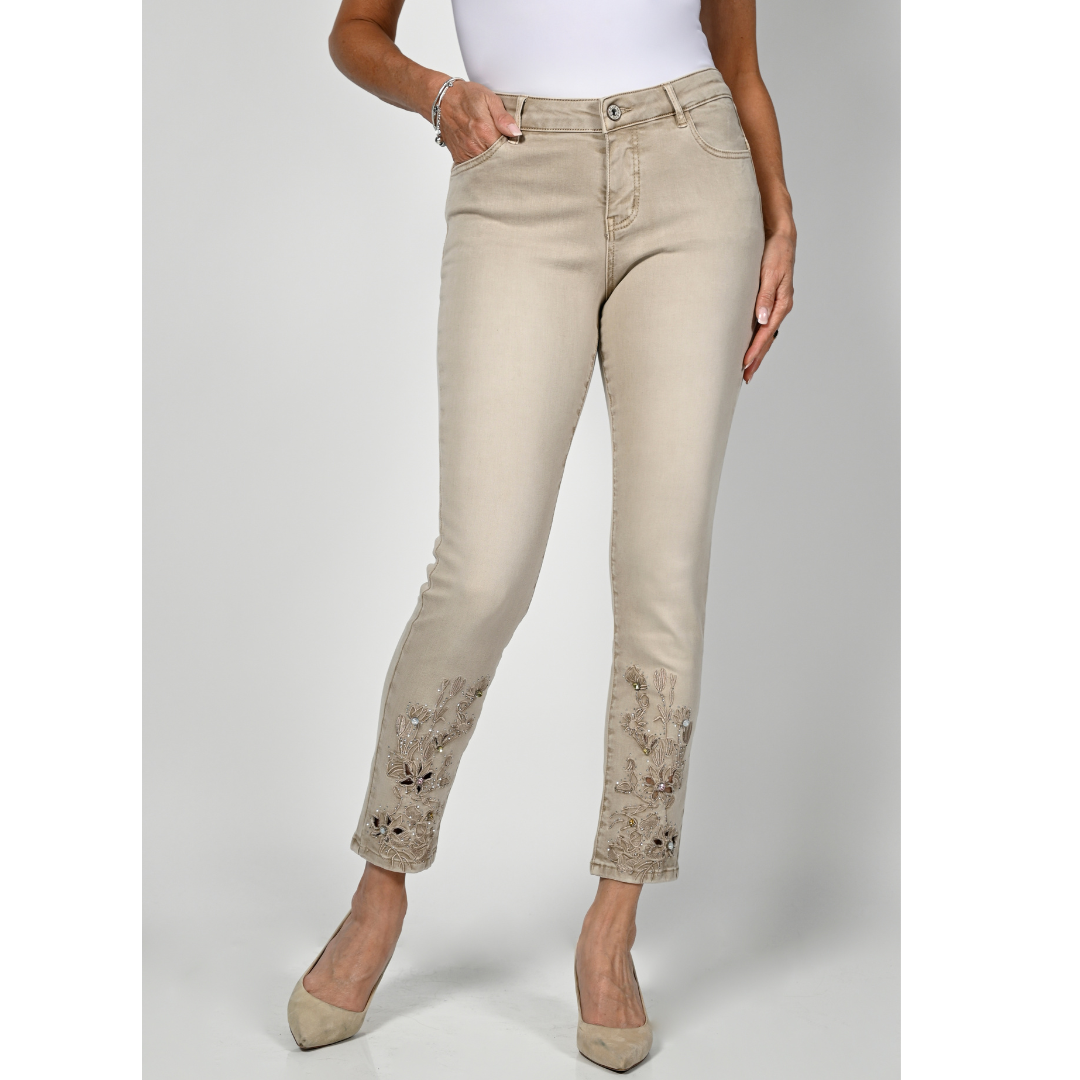 Jaboli Boutique - Fergus Ontario - Beige Sparkle Jeans. Not Your Average Beige Pant, you will fall in love with this amazingly detailed jean.  Beautifully Detailed Lazer Cut with Embroidery and Sparkle  Cotton/Elastane Blend  High Rise  Slim Fit  5 Pocket