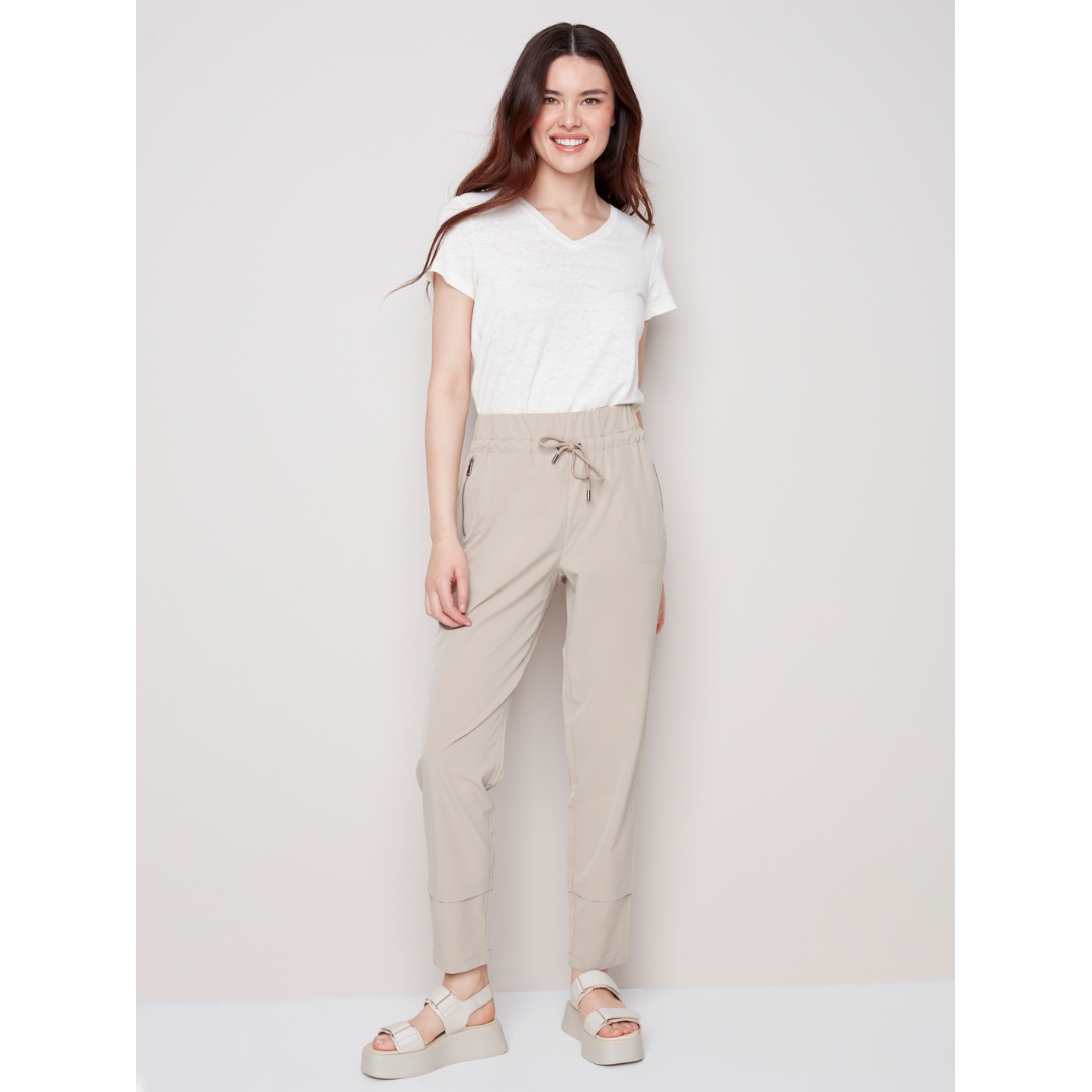 Jaboli Boutique - Fergus Ontario - Charlie B - Greige Techno Pants - The Perfect Leisure Pants.   High Rise Drawstring Waistband.  Zip Pockets   Light Weight  Pairs Perfect With A Tee And Jean Jacket For A Casual Look.