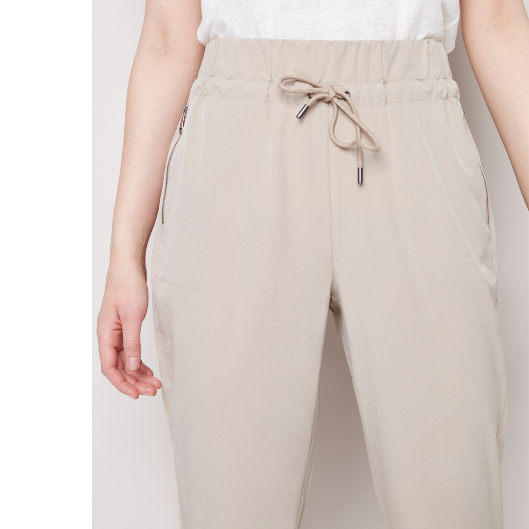 Jaboli Boutique - Fergus Ontario - Charlie B - Greige Techno Pants - The Perfect Leisure Pants.   High Rise Drawstring Waistband.  Zip Pockets   Light Weight  Pairs Perfect With A Tee And Jean Jacket For A Casual Look.