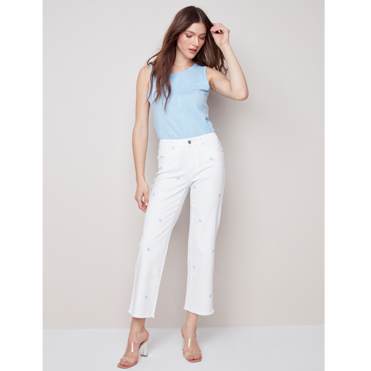 Jaboli Boutique - Fergus Ontario - Charlie B - Embroidered Flower Cropped Jeans  White Denim  High Rise  Fly Front   Wide Leg  Frayed Hem . Emroidered Flowers Are Light Powder Blue with Yellow Centers 