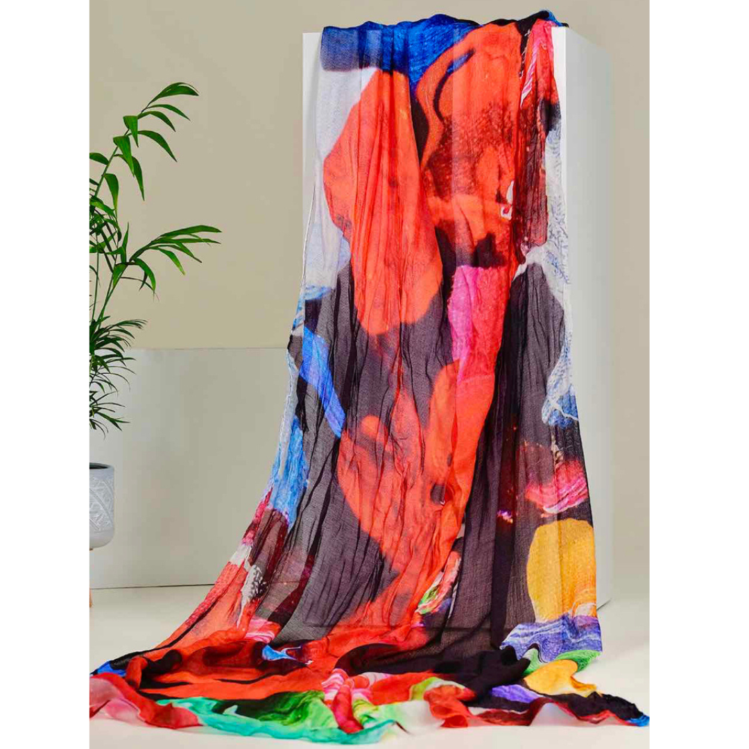 Jaboli Boutique  - Fergus ontario - Dolcezza Joy Scarf - beautiful vivacious  coloured Print, reds, blues , yellows, greens, and black. Crafted from premium 100% Viscose fabric, the Dolcezza Art Scarf showcases a captivating collection of assorted art prints.  A Gorgeous Summer Accessory 