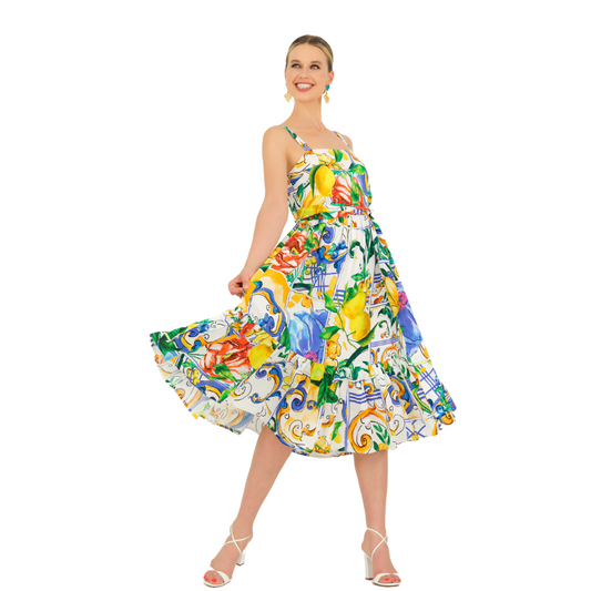 Jaboli Boutique - Fergus Ontario - Dolcezza - Under The Tuscan Sundress. Fitted Bodice with Ruched Back Full Skirt with Deep Ruffle Hem Print Royal Blue and Yellow on White Background Absolutely Stunning!