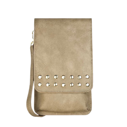 Jaboli Boutique - Fergus Ontario - Espe - Britt Mini Bag - Beige. Sleek Styling   Metallic Stud Detail  Card Slots  Cell Phone Pocket  4 3/4 inches x 7 3/4 inches
