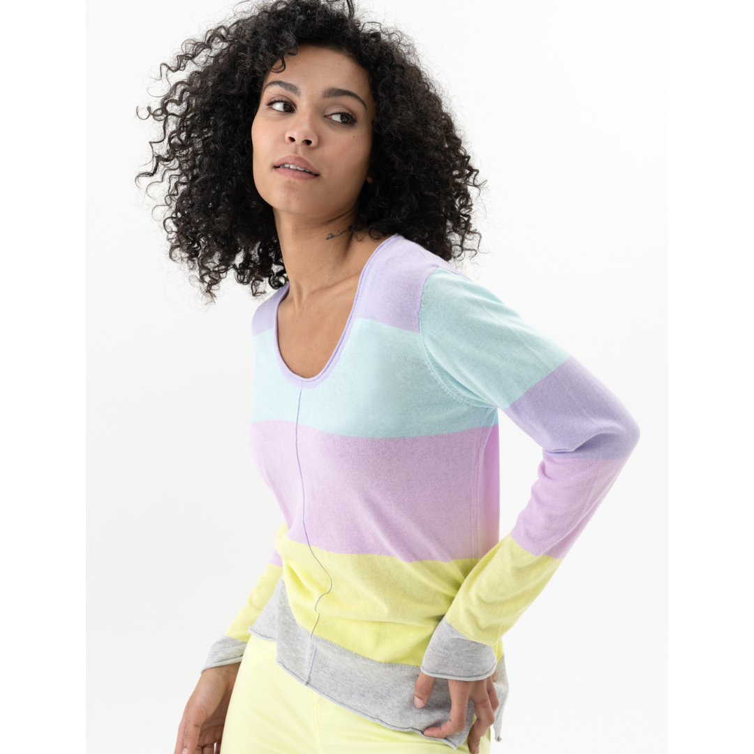 Jaboli Boutique -Fergus Ontario - Honeydew Stripe Sweater. Colourful Wide Band Stripes in this 100% Cotton Sweater  Colours - Turquoise, Very Peri and Honeydew  Long Sleeves  Relaxed Fit  Perfect Spring/Summer Addition to Any Wardrobe!