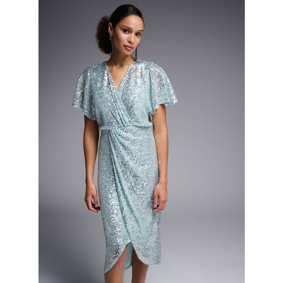 Jaboli Boutique - Fergus Ontario -Joseph Ribkoff - Signature Collection Mint Sequin Dress . Wrap Sequined Cocktail Dress Lined with Figure Smoothing Lining Vee Neck Flutter Sleeve Elastic Waist Band Sculpted Hemline