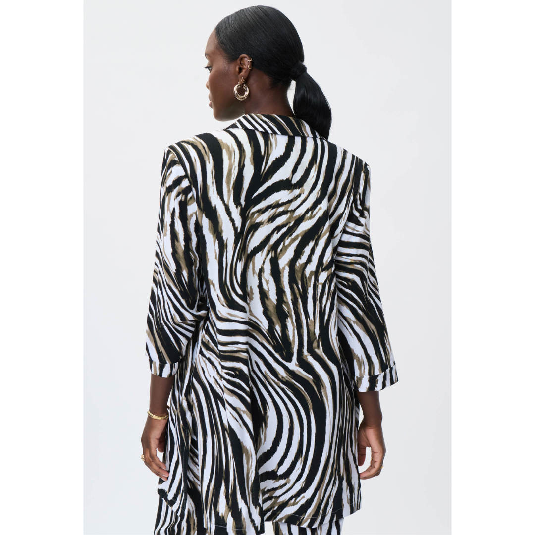 Jaboli Boutique - Fergus Ontario - Joseph Ribkoff - Zebra Print Blazer. Tuxedo Collar Colour Khaki/White/Black Dressy Blazer Knee Length 3/4 Sleeves Unstructured (Not Lined, Very Lightweight)
