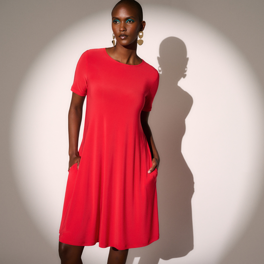 Jaboli Boutique - Fergus Ontario - Joseph Ribkoff Classic Red dress. Royal Sapphire Blue, Mineral Blue, Red Short Sleeves A Line Knee Length Pockets A Fabulous Travel Dress!