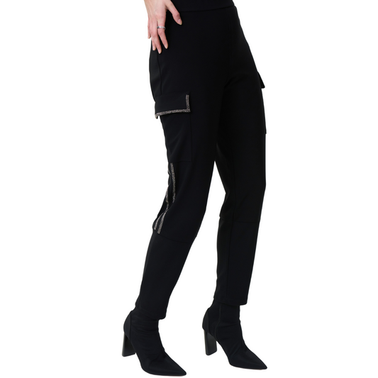 Jaboli Boutique - Fergus Ontario - Joseph Ribkoff  - Pull On, Black Pants, Stretch Jersey Fabric, Rhinstone Striped Down Side of Pants, with Csrgo Style Pockets....Fun And Chic Styling .