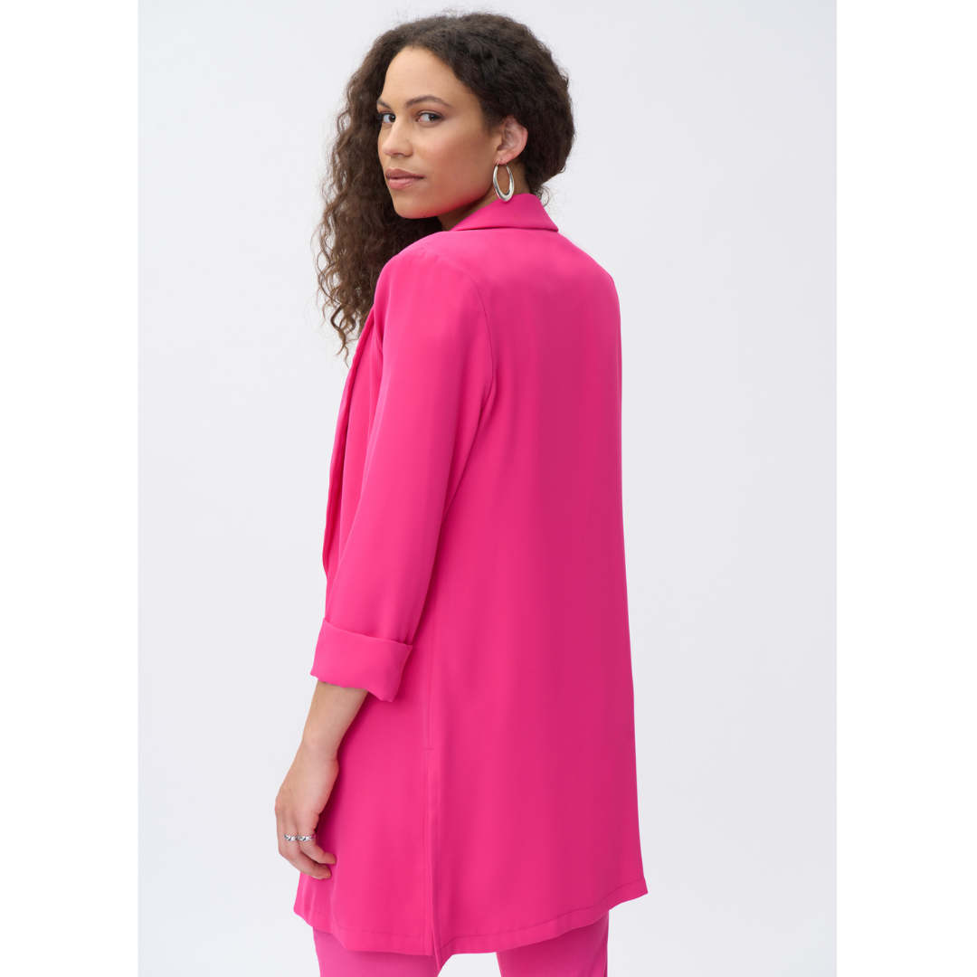 Jaboli boutique - Fergus Ontario - Dazzle Pink Blazer. Add This Fun Pop Of Colour Blazer To Your Summer Wardrobe...You'll Be Glad You Did!!  Tuxedo Collar  Colour - Dazzle Pink  Cuffed 3/4 Sleeve  Knee Length  Summer Weight.