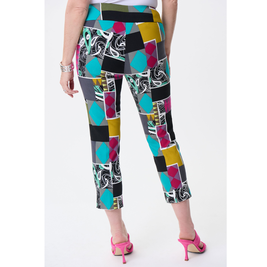 Fun Loving Bright Print Ankle Cut Trousers! Such A Happy Print! Perfect For Spring/Summer. All The Hot Trending Colours Of The Season Wrapped Up Into One Comfy Pull On Pant. High Rise, Stretch, Flat Front. Geo Print Colours Consist Of Black, Grey, White, Yellow, Pink, Fuschia, Turquiose, Lilac.