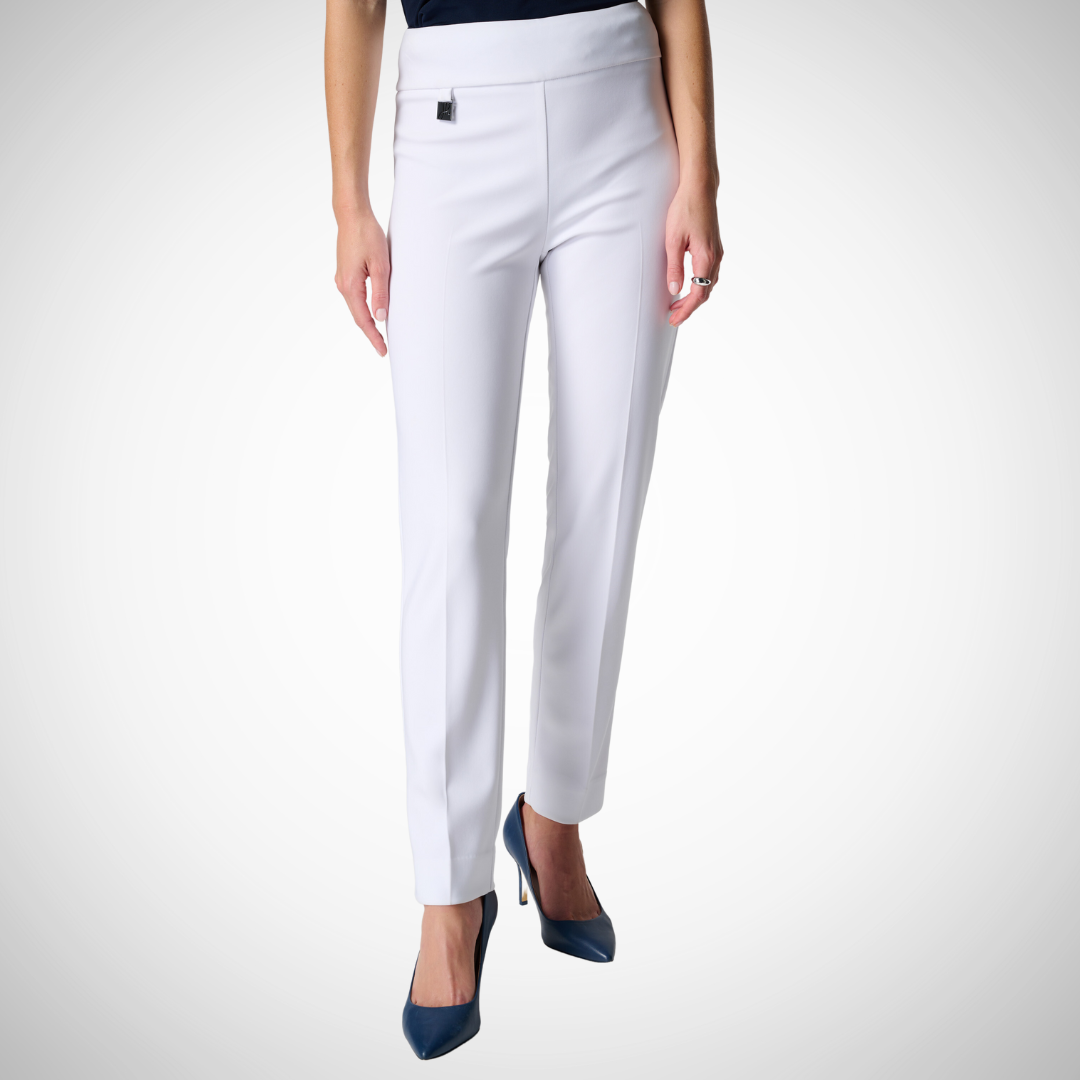 Jaboli boutique - Fergus Ontario - Joseph Ribkoff - White Pull on Pant. If you're looking for a chic and sophisticated option, the Joseph Ribkoff Slim Fit White Pant is a great choice. These pants boast a timeless and refined appearance, featuring a slim-fit, high-rise waist, and full-length cut that can be conveniently pulled on.