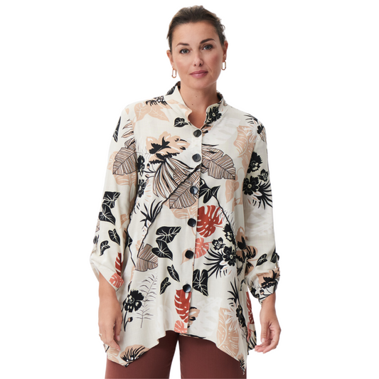 Jaboli Boutique - Fergus Ontario - Joseph Ribkoff -Tropical Print Shirt. The Joseph Ribkoff Tropical Print Shirt Features  Button Front  Colour - Linen with Black and Camel Tropical Leaf Print  Tab Up Sleeve  Tunic Length    Proudly Made In Canada!