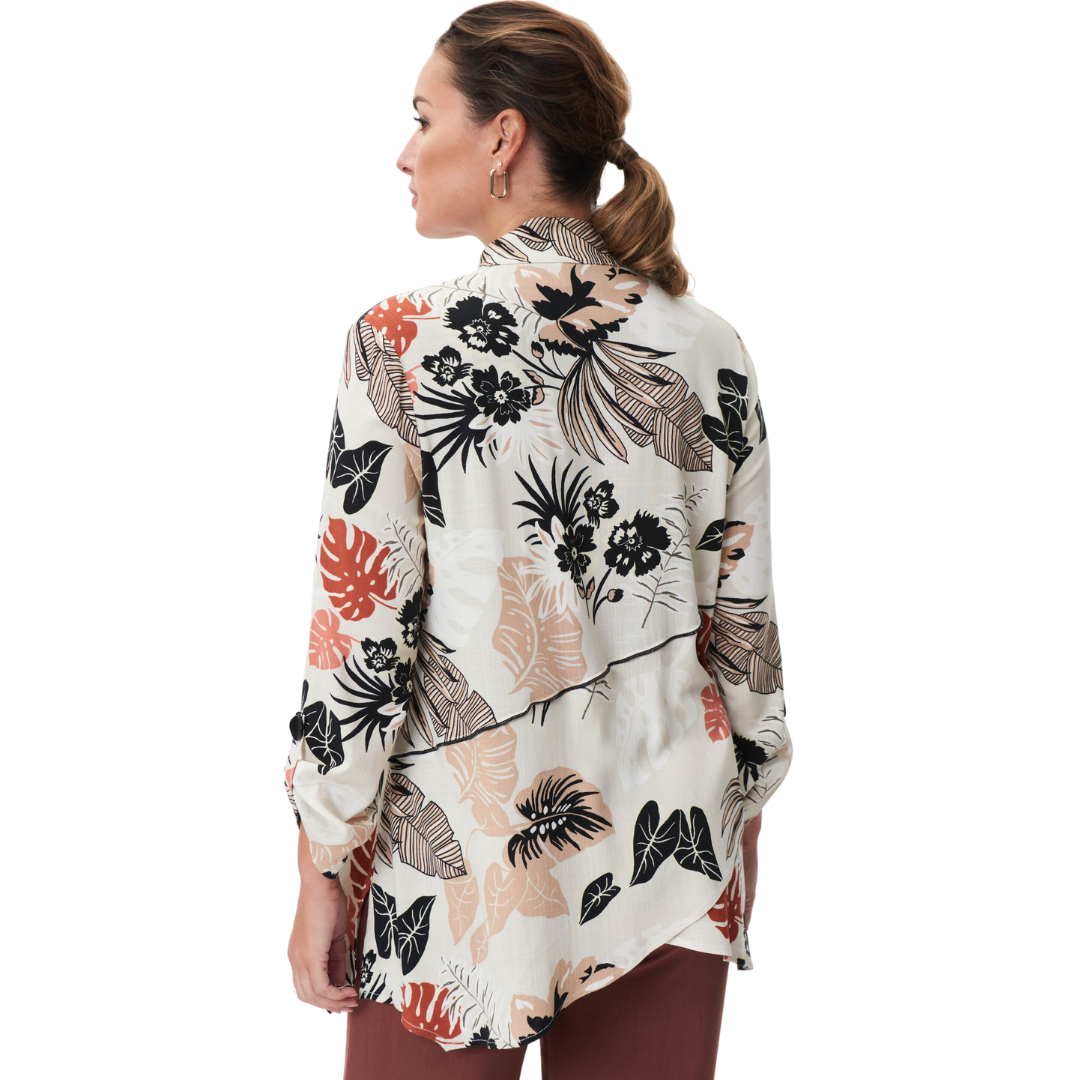  Jaboli Boutique - Fergus Ontario - Joseph Ribkoff -Tropical Print Shirt. The Joseph Ribkoff Tropical Print Shirt Features Button Front Colour - Linen with Black and Camel Tropical Leaf Print Tab Up Sleeve Tunic Length Proudly Made In Canada!