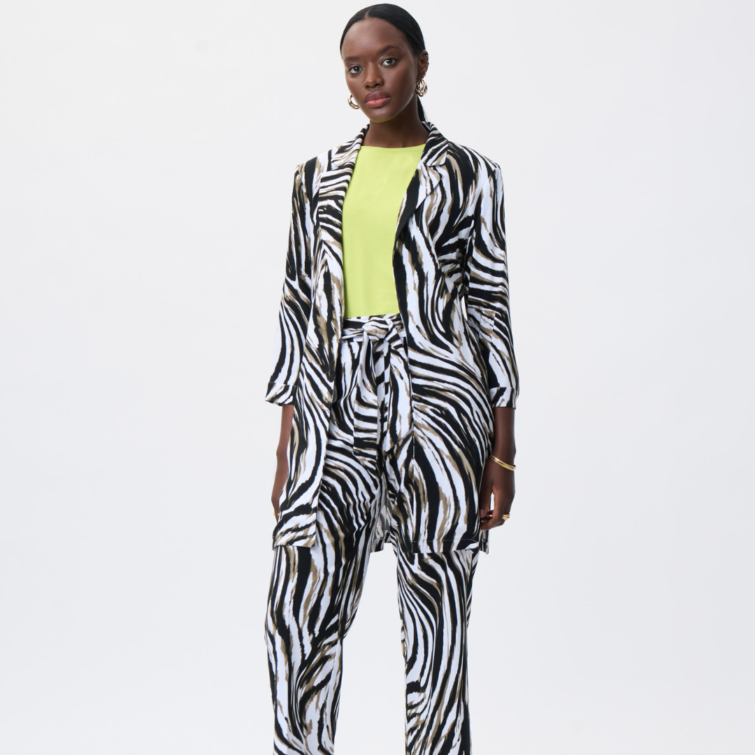 Jaboli Boutique - Fergus Ontario - Joseph Ribkoff - Zebra Print Blazer. Tuxedo Collar Colour Khaki/White/Black Dressy Blazer Knee Length 3/4 Sleeves Unstructured (Not Lined, Very Lightweight)