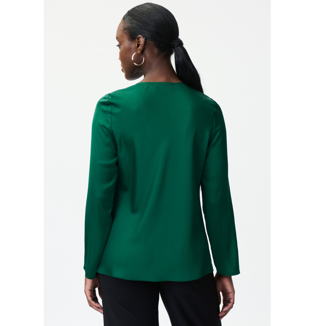 Gorgeous Emerald Green, Vineyard  Satin Look Blouse,  Draped Neckline,   Long Sleeves,  Semi Fitted Body,  A Stunning Addition to your Wardrobe!  Proudly Made In Canada!