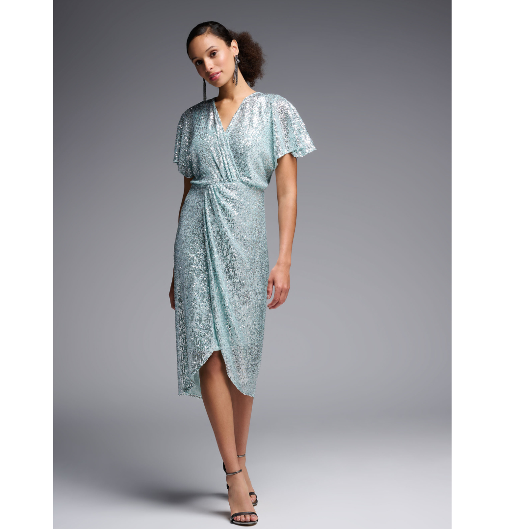 Jaboli Boutique - Fergus Ontario -Joseph Ribkoff -  Signature Collection Mint  Sequin Dress . Wrap Sequined Cocktail Dress  Lined with Figure Smoothing Lining  Vee Neck  Flutter Sleeve  Elastic Waist Band  Sculpted Hemline  