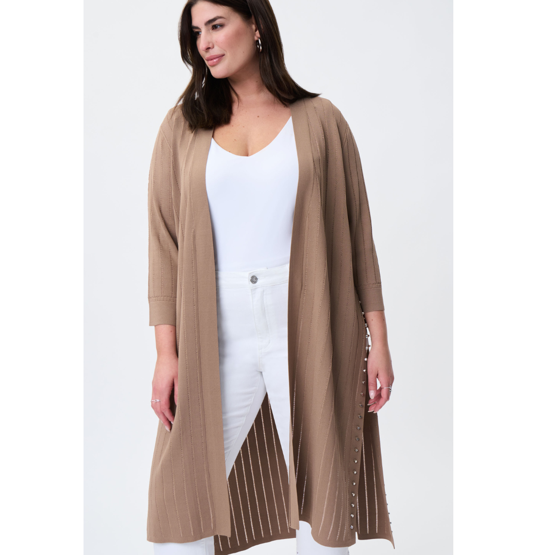 Jaboli Boutique - Fergus Ontario - Long Ribbed Studded Cardigan. A Must Have For everyone This Summer. This Classic Joseph Ribkoff Garment Is Already Becoming A Fav At Jaboli.  Dress It Or Down This Cardigan Knows No Bounds!  Perfect For Travelling.  Open Front.  Long Sleeve Cardigan/Coverup.  High Low Hemline.  Studded Side Slits. Comes in Two Colour Ways Vanilla & Nutmeg